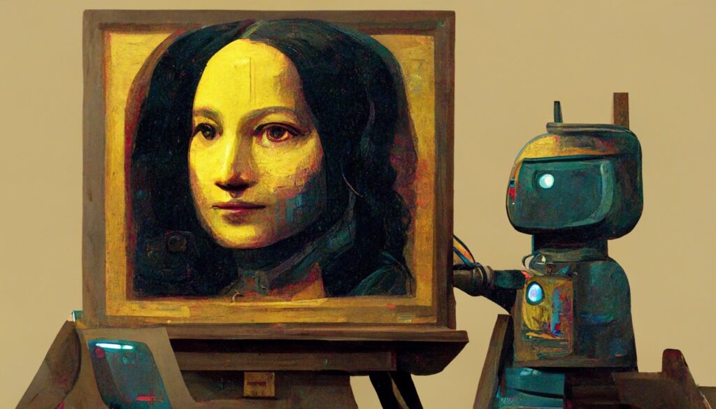 An AI generated image of a robot painting the Mona Lisa