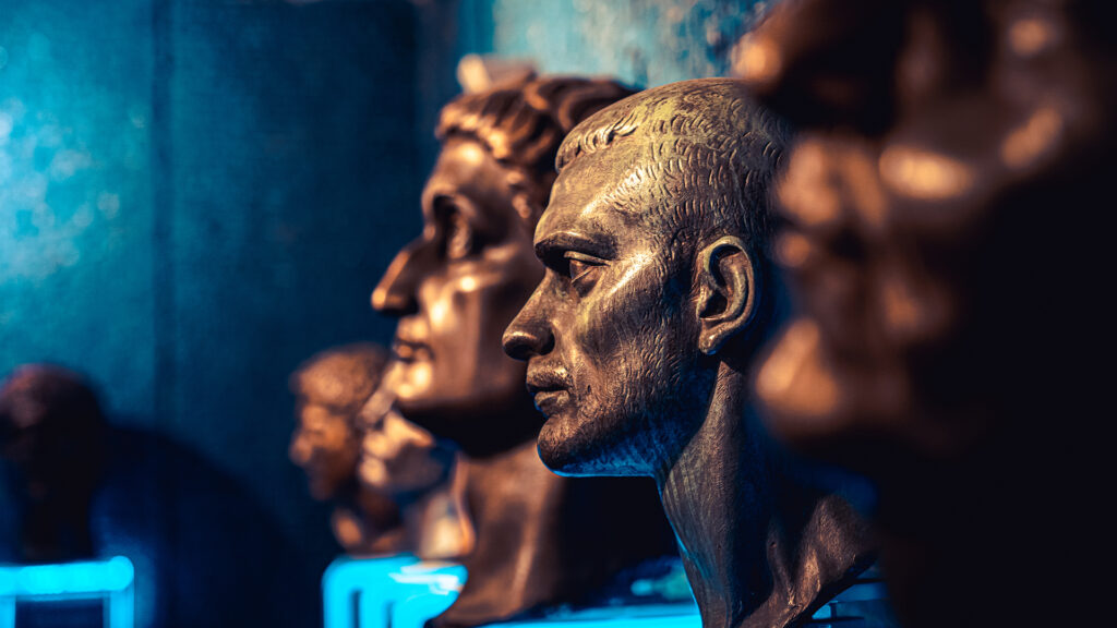 Heads of Roman emperors exhibited at an archeological site Viminacium in Serbia